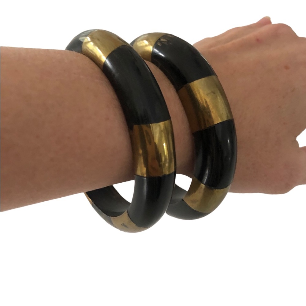 Vintage Art Deco Wood & Brass Bangle Bracelets